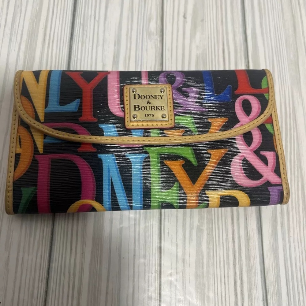 Dooney & Bourke Black Multicolor Logo Continental Wallet with Tan Trim